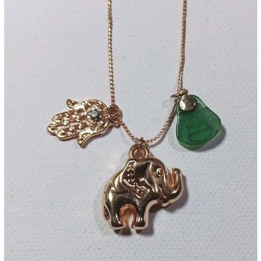 Charm Necklace Elephantg Goldtone Green Stones Costume Jewelry